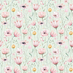 Seamless floral pattern with abstract blue pink flowers and leaves. Watercolor colorful print in rustic vintage style, textile or wallpapers background