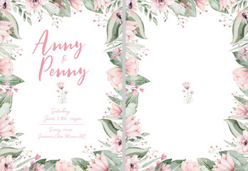 wedding birthday invitation card background with flower and botanical leaves, Watercolor. abstract art background design cover template. Save the date, baby shower