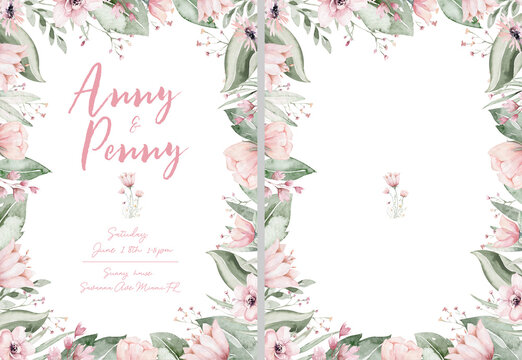 wedding birthday invitation card background with flower and botanical leaves, Watercolor. abstract art background design cover template. Save the date, baby shower