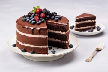 A slice of chocolate cake with berries on top created with Generative AI technology