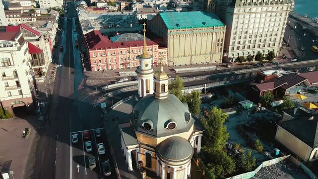 Aerial drone shot of podil district, podol district in Kyiv in Eastern Europe in Ukraine