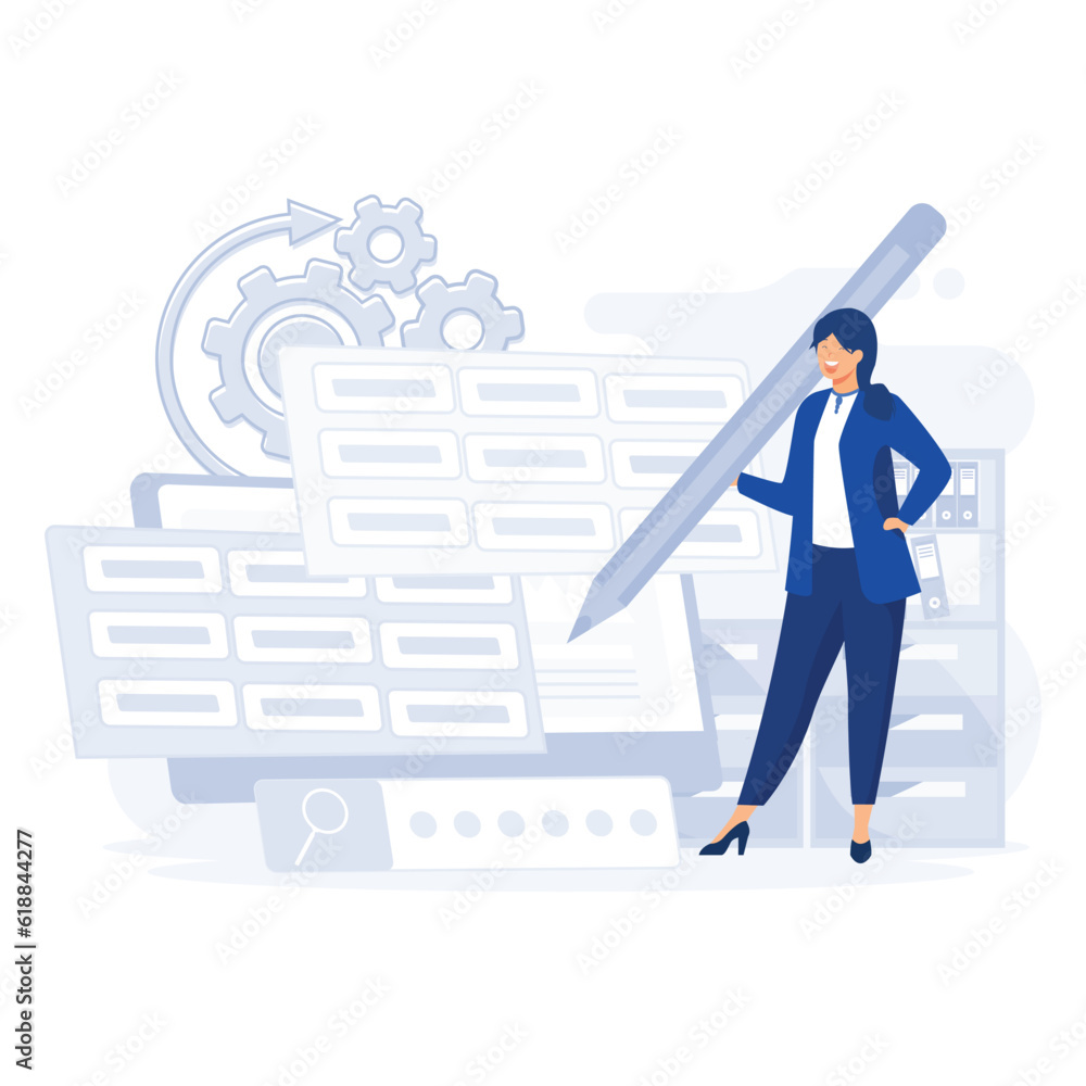 Poster woman working with big data and databases, office worker making analysis and report with spreadsheet
