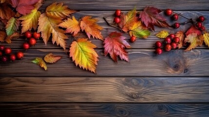 Naklejka na ściany i meble Autumn leaves and berries on wooden background. Top view with copy space. Generative AI.