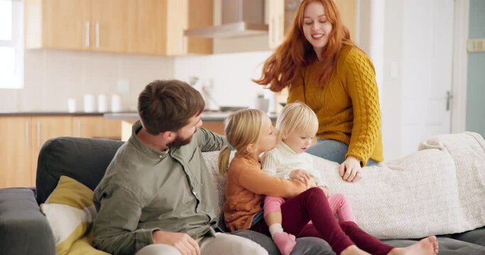 Happy, love and care with family on sofa for relax, bonding and support. Happiness, smile and affection with parents and children in living room at home for free time, lounge and positive