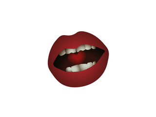 Cartoon female lips with a heart in their teeth. Vector illustration isolated on white background