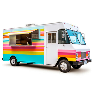 3D image of food truck isolated on white background. Using a vehicle in the form of a large van to be able to fit a simple kitchen in it.