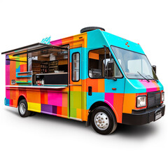 Obraz na płótnie Canvas 3D image of food truck isolated on white background. Using a vehicle in the form of a large van to be able to fit a simple kitchen in it.