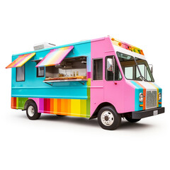 3D image of food truck isolated on white background. Using a vehicle in the form of a large van to be able to fit a simple kitchen in it.