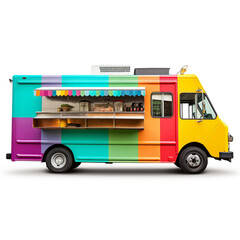 3D image of food truck isolated on white background. Using a vehicle in the form of a large van to be able to fit a simple kitchen in it.