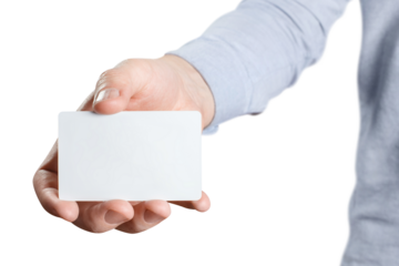 Male hand holding a blank card or a ticket/flyer, cut out