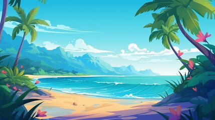 Obraz na płótnie Canvas 夏のリゾートビーチとヤシのアニメ背景