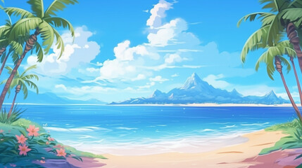 Obraz na płótnie Canvas 夏のリゾートビーチとヤシのアニメ背景