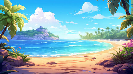 夏のリゾートビーチとヤシのアニメ背景