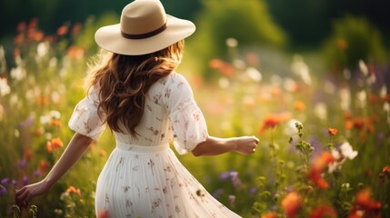 Young woman wear white dress with a hat running happy with in colorful flowers meadow and green grass,Natural light, horizontal image. Generative Ai