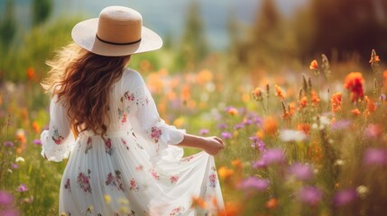 Fototapeta na wymiar Young woman wear white dress with a hat running happy with in colorful flowers meadow and green grass,Natural light, horizontal image. Generative Ai