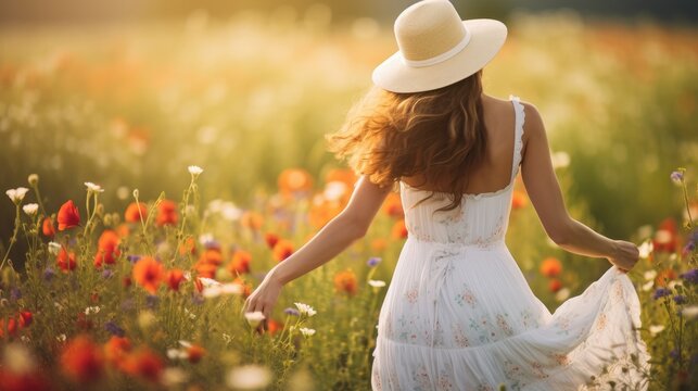 Young woman wear white dress with a hat running happy with in colorful flowers meadow and green grass,Natural light, horizontal image. Generative Ai