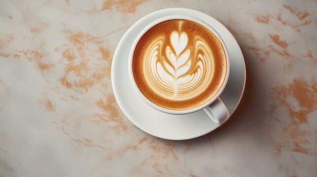 Hot latte top view on marble background. Generative Ai