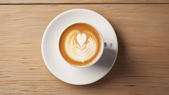 Hot latte top view on wooden background. Generative Ai
