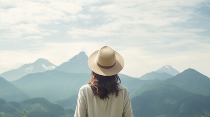 A young woman wearing a hat stands back and looking at the beautiful scenery of the mountains.Generative Ai