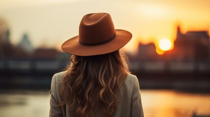 Young woman wearing a hat standing and looking at the view in the city. Generative Ai