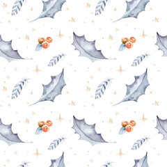 Christmas seamless pattern with red balls, fir branches and holly leaves. Watercolor illustration