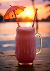 Erfrischender, tropischer Cocktail mit Schirmchen und Strohhalm vor Sonnenuntergang am Meer im Urlaub