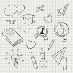 Back to school doodle icons on notebook page. Vector illustration
