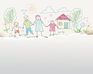 Hand drawn Happy family with children and a house in the garden
