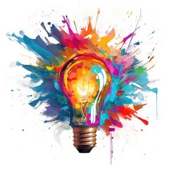 Creative light bulb abstract color splash, white background.