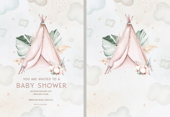 Watercolor newborn Baby Shower greeting card with teepee. wigwam Birthday baby shower of new born baby © kris_art