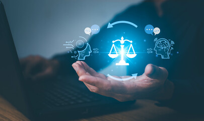 AI ethics or AI Law concept. Developing AI codes of ethics. Compliance, regulation, standard , business policy and responsibility for guarding against unintended bias in machine learning algorithms.