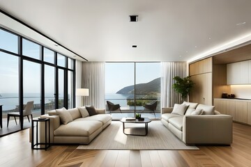 Naklejka na ściany i meble modern living room, interior of a house, modern living room with chairs, modern living room with fireplace 