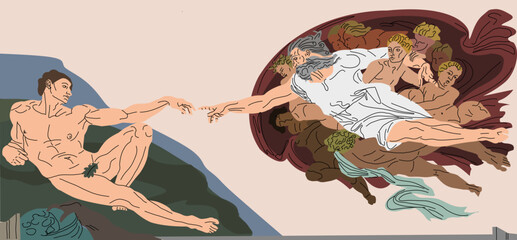 The Creation of Adam. Vector illustration. Painting masterpieces. Touch God. The birth of a person. Fresco by Michelangelo. Man and God. The picture is drawn in vector.