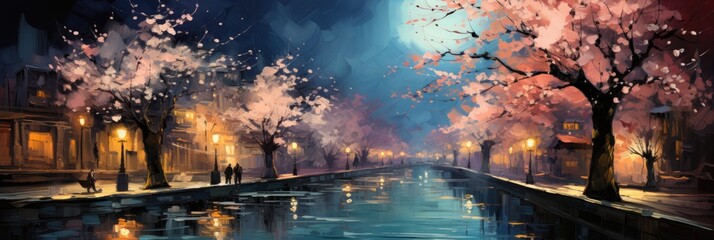 Blossom Blues An Artistic Ode to the Romantic Scene of Moonlight Filtering Through an Avenue of Blooming Japanese Cherry Trees Under a Bright Blue Moon Background created with Generative AI Technology