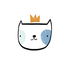 Vector hand-drawn illustration of a cute cat with a crown on his head. Funny princess kitten for kids. Scandinavian style. Pets. Animals.