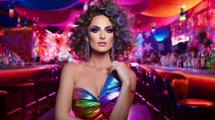 Drag queen portrait with beautiful dress and colorful backdrop - obrazy, fototapety, plakaty