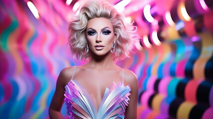 Drag queen portrait with beautiful dress and colorful backdrop