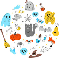 Halloween background, Halloween theme, Halloween doodles, set of Halloween elements, ghost, mummy, skull, zombie, set for halloween, silhouette of a spider, cobweb, halloween pumpkin, set of stickers 