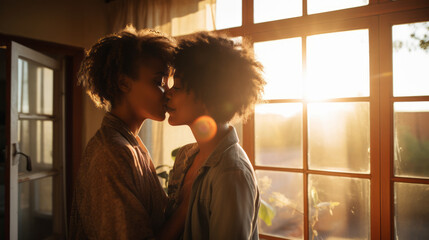 Two black african lesbian women kissing with home background - obrazy, fototapety, plakaty