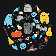 Halloween background, Halloween theme, Halloween doodles, set of Halloween elements, ghost, mummy, skull, zombie, set for halloween, silhouette of a spider, cobweb, halloween pumpkin, set of stickers 