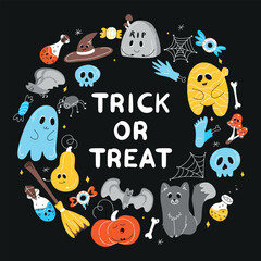 Halloween background, Halloween theme, Halloween doodles, set of Halloween elements, ghost, mummy, skull, zombie, set for halloween, silhouette of a spider, cobweb, halloween pumpkin, set of stickers 