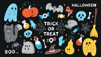 Halloween background, Halloween theme, Halloween doodles, set of Halloween elements, ghost, mummy, skull, zombie, set for halloween, silhouette of a spider, cobweb, halloween pumpkin, set of stickers 