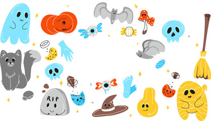 Halloween background, Halloween theme, Halloween doodles, set of Halloween elements, ghost, mummy, skull, zombie, set for halloween, silhouette of a spider, cobweb, halloween pumpkin, set of stickers 
