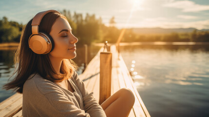 Woman relaxing laying on dock listening to music headphones at sunny lakeside