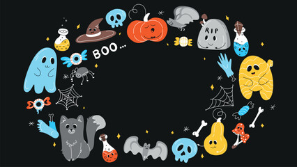 Halloween background, Halloween theme, Halloween doodles, set of Halloween elements, ghost, mummy, skull, zombie, set for halloween, silhouette of a spider, cobweb, halloween pumpkin, set of stickers 