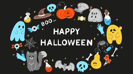 Halloween background, Halloween theme, Halloween doodles, set of Halloween elements, ghost, mummy, skull, zombie, set for halloween, silhouette of a spider, cobweb, halloween pumpkin, set of stickers 