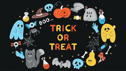 Halloween background, Halloween theme, Halloween doodles, set of Halloween elements, ghost, mummy, skull, zombie, set for halloween, silhouette of a spider, cobweb, halloween pumpkin, set of stickers 