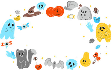 Halloween background, Halloween theme, Halloween doodles, set of Halloween elements, ghost, mummy, skull, zombie, set for halloween, silhouette of a spider, cobweb, halloween pumpkin, set of stickers 