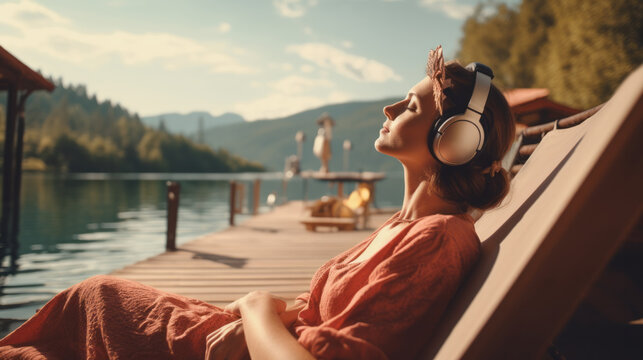 Woman relaxing laying on dock listening to music headphones at sunny lakeside