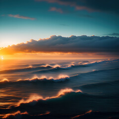 Fototapeta na wymiar Aerial view of ocean waves in sunset, generative ai